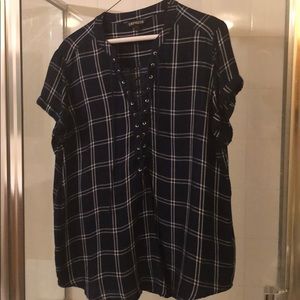 Express Plaid Short-Sleeve Lace Up Top